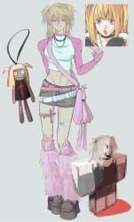  absurdres alternate_costume amane_misa arm_behind_back bag belt black_footwear blonde_hair breasts commentary crop_top cross death_note denim denim_skirt earrings female full_body futo_(tofuutoufofuto) hashtag-only_commentary highres jewelry leg_warmers long_hair necklace pink_bag pink_belt pink_leg_warmers pink_shirt platform_footwear red_eyes reference_inset roblox shirt shoulder_bag simple_background skirt sleeves_past_wrists smile thigh_strap two-tone_shirt two_side_up v white_belt 