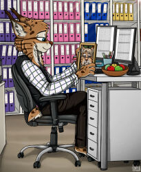  anthro apple arten_reichtum bad_guy_cafe blue_eyes brown_body brown_fur chair computer desk electronics felid feline food fruit fur furniture lynx male mammal office photo plant solo table tan_body tan_fur white_body white_fur ziegelzeig 