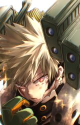  1boy absurdres bakugou_katsuki blonde_hair blood blood_on_face boku_no_hero_academia close-up commentary_request crying gloves hand_up high_collar highres looking_at_viewer male_focus multicolored_clothes multicolored_gloves parted_lips portrait red_eyes sachi7723 shoulder_cannon simple_background solo spiked_hair staring streaming_tears superhero_costume tears weapon white_background wide-eyed 