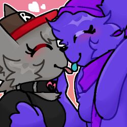  anthro apricot_(apricotisagirl) beanie black_clothing black_shirt black_topwear blush breasts canid canine canis clothing collar duo female female/female fur grey_body grey_fur hat headgear headwear heart_symbol hi_res jzfxkl kissing lagomorph leporid love mammal purple_body purple_fur rabbit red_background red_cap roblox_logo romantic romantic_couple shirt silly simple_background tongue topwear wackyflurry wolf 