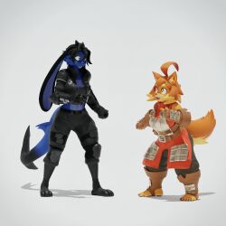  2024 3d_(artwork) absurd_res amazed anthro armor armor_plates armored_gloves blender_cycles blue_body blue_fur breasts canid canine canis clothed clothing digital_media_(artwork) dog_knight_rpg domi_(domibun) domibun duo eye_contact female floppy_ears fully_clothed fur gesture hair hand_gesture hi_res hybrid lagomorph leporid looking_at_another lop_ears maci_(ceehaz) mammal open_mouth plantigrade pointing pointing_at_another rabbit simple_background stare warfare_machine white_background wolf 