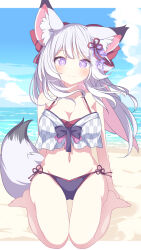  animal_ear_fluff animal_ears beach bikini blue_sky bow breasts bright_pupils commission daidai_ookami female fox_ears fox_girl fox_tail full_body hair_ribbon hairbow highres letterboxed light_blush long_hair looking_at_viewer medium_breasts navel original purple_bow purple_eyes red_bow ribbon side-tie_bikini_bottom sitting skeb_commission sky smile solo swimsuit tail wariza white_bikini white_hair 