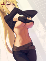  belt black_pants black_shirt blonde_hair blush boa_(brianoa) breasts closed_eyes darkness_(konosuba) female hair_ornament highres kono_subarashii_sekai_ni_shukufuku_wo! large_breasts long_hair long_sleeves navel pants ponytail shirt sidelocks solo_focus underboob x_hair_ornament 