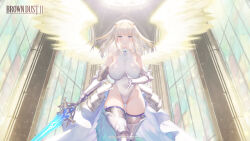  absurdres angel_wings armor armored_skirt armpit_crease ass blonde_hair blue_eyes blush breasts brown_dust_2 chainmail church closed_mouth copyright_name feet_out_of_frame female gauntlets greaves groin highleg highleg_leotard highres holding holding_sword holding_weapon justia_(brown_dust) justia_(reclaimed_destiny)_(brown_dust) large_breasts leotard looking_at_viewer medium_hair official_art official_wallpaper second-party_source small_horns solo stained_glass sword thighhighs waist_cape weapon white_leotard wings 