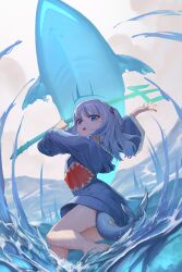  absurdres arm_up blue_eyes blue_hair blue_hoodie female fins fish_tail gawr_gura highres holding_trident hololive hololive_english hood hoodie long_hair long_sleeves looking_at_viewer monky multicolored_hair ocean open_mouth outdoors shark_tail solo streaked_hair tail thighs virtual_youtuber 