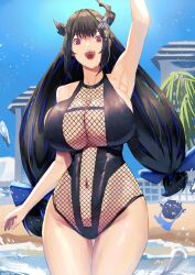  absurdres asymmetrical_horns bare_shoulders beach bikini black_hair black_one-piece_swimsuit blue_hair blush breasts collarbone colored_inner_hair demon_horns erasorpepero female fishnet_swimsuit hair_ornament highres hololive hololive_english horns jailbird_(nerissa_ravencroft) large_breasts long_hair looking_at_viewer mole mole_under_eye multicolored_hair navel nerissa_ravencroft one-piece_swimsuit red_eyes see-through see-through_one-piece_swimsuit smile solo_focus standing summer swimsuit two-tone_hair uneven_horns very_long_hair virtual_youtuber 