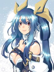  bare_shoulders blue_hair blush breasts cleavage detached_sleeves dizzy_(guilty_gear) female floral_background guilty_gear guilty_gear_xrd hair_ribbon hair_rings highres long_hair looking_at_viewer mariebell red_eyes ribbon solo twintails upper_body wings yellow_ribbon 