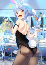  accident alcohol animal_ear_fluff animal_ears arm_strap ass back bar_(place) bare_shoulders black_leotard blue_hair blurry blurry_background bow braid breasts brown_pantyhose carrot carrot_hair_ornament cherry collar cowboy_shot cup detached_collar drinking_glass dropping female flustered food food-themed_hair_ornament from_behind from_side fruit hair_between_eyes hair_ornament hairbow hands_up highres holding holding_tray hololive indoors leotard light_blush long_hair looking_back multicolored_eyes multicolored_hair notice_lines open_mouth pantyhose pekomon_(usada_pekora) playboy_bunny rabbit_ears rabbit_girl rabbit_tail round_table shinko_gunsei short_eyebrows shoulder_blades small_breasts solo spilling standing strapless strapless_leotard table tail thick_eyebrows tray twin_braids two-tone_hair usada_pekora usada_pekora_(1st_costume) virtual_youtuber white_bow white_collar white_hair wine wine_glass 