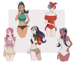  5girls amarys_(pokemon) bare_shoulders bikini black_hair blue_hair breasts carmine_(pokemon) closed_mouth colored_inner_hair commentary_request dark-skinned_female dark_skin enekonoshippo27 frilled_bikini frills glasses green_hair grey_eyes hair_ornament hairband hairclip highres lacey_(pokemon) long_hair looking_at_viewer mole mole_under_eye multicolored_hair multiple_girls nemona_(pokemon) one-piece_swimsuit open_mouth penny_(pokemon) pink_hair pokemon pokemon_sv ponytail red_hair short_hair smile swimsuit two-tone_hair yellow_eyes 