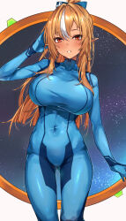  absurdres ass_visible_through_thighs blonde_hair blue_bodysuit blush bodysuit bow breasts cosplay covered_collarbone covered_navel dark-skinned_female dark_elf dark_skin elf female hair_between_eyes hairbow hand_on_own_face hasumushi high_ponytail highres hololive large_breasts long_hair looking_at_viewer metroid multicolored_hair parted_lips pointy_ears ponytail samus_aran samus_aran_(cosplay) shiranui_flare solo streaked_hair taut_bodysuit virtual_youtuber white_hair zero_suit 