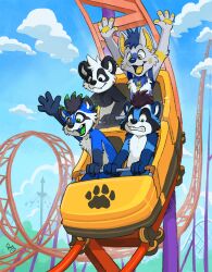  4_fingers amusement_ride anthro bear biped blue_body blue_fur canid canine cloud countershade_fur countershade_torso countershading digital_media_(artwork) fangs fingers fur giant_panda group hi_res male mammal open_mouth open_smile paco_(pandapaco) pandapaco pawpads procreate_(artwork) procyonid raccoon roller_coaster smile teeth 