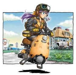  aircraft airplane blue_eyes chimney clothes_writing cloud commentary_request day dr._slump female glasses gloves goggles grass helmet house hover_bike jacket jet mouth_hold norimaki_arale photoshop_(medium) ponytail purple_hair restaurant road road_sign shio_no.9 sign signpost skirt sky solo vehicle_focus 