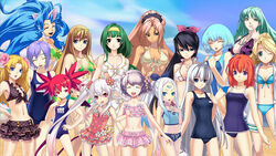  6+girls :d :o ^_^ age_difference aiba_mikoto anesha animal_ears animal_print aqua_hair ar_tonelico ar_tonelico_i armpits atelier_(series) atelier_marie aurica_nestmile bandeau bat_print beach big_hair bikini bikini_skirt bikini_under_clothes black_bikini black_hair blonde_hair blue_eyes blue_hair blue_one-piece_swimsuit bow braid breasts brown_hair cat_ears cleavage closed_eyes cloud competition_swimsuit contrapposto cowboy_shot cross_edge crossover dark-skinned_female dark_skin day demon_girl disgaea earrings eruma etna_(disgaea) everyone felicia_(vampire) finger_to_mouth flat_chest flower forehead_jewel front-tie_bikini_top front-tie_top gradient_hair green_bikini green_eyes green_hair hair_flower hair_ornament hair_ribbon hairband hairbow half-closed_eyes hand_on_own_chest hand_on_own_hip high_ponytail hirano_katsuyuki iruma jewelry layered_skirt light_smile liliane_vehlendorf lilith_aensland long_hair looking_at_viewer mana_khemia_(series) mana_khemia_2 marie_(atelier) may_(cross_edge) meu_(spectral_souls) misha_arsellec_lune morrigan_aensland multicolored_hair multiple_crossover multiple_girls nakamura_tatsunori name_tag navel necklace official_art one-piece_swimsuit one_eye_closed open_clothes open_mouth orange_hair outdoors pale_skin parted_bangs pendant photoshop_(medium) pink_eyes pink_hair plaid plaid_bikini polka_dot polka_dot_bikini polka_dot_swimsuit ponytail print_bikini print_swimsuit purple_bikini purple_eyes purple_hair red_eyes red_hair ribbon school_swimsuit short_hair short_twintails shurelia_(ar_tonelico) siblings side_braid sidelocks sisters skirt skull_earrings sky small_breasts smile spectral_(series) spectral_souls spiked_hair standing striped_bikini striped_clothes swept_bangs swimsuit swimsuit_under_clothes tankini tsunako twin_braids twintails v-shaped_eyebrows vampire_(game) very_long_hair wavy_hair white_bikini white_hair white_one-piece_swimsuit wuim_(mana_khemia) 