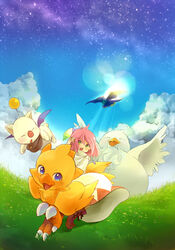  =_= antennae bad_id bad_pixiv_id blue_eyes boots chocobo cloud day fat_chocobo female final_fantasy final_fantasy_fables grass green_eyes jewelry lens_flare menokurage moogle necklace outdoors pink_hair shirma short_hair sky white_mage_(final_fantasy) wings 