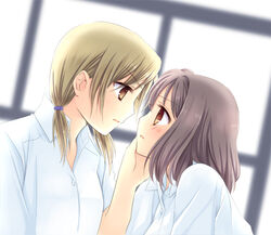  2girls blush brown_eyes brown_hair commentary_request eye_contact hand_on_another&#039;s_cheek hand_on_another&#039;s_face hug incest joshi_kousei looking_at_another multiple_girls ooshima_towa photoshop_(medium) school_uniform short_hair siblings sisters suzuki_momoka suzuki_yuma twintails yuri 