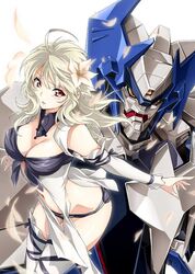  ahoge blonde_hair breasts detached_sleeves female flower hair_flower hair_ornament jinki jinrouki_winvurga large_breasts long_hair looking_at_viewer mashiro_(jinrouki_winvurga) mecha red_eyes robot source_request tsunashima_shirou white_hair 