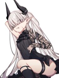  :p arknights arm_behind_head arm_up bare_shoulders black_dress black_socks breasts chained_sarkaz_girl closed_mouth commentary_request dress eyes_visible_through_hair female grey_hair hair_over_eyes highres horns long_hair mosou_keito pointy_ears red_eyes simple_background skindentation sleeveless sleeveless_dress small_breasts smile socks solo thigh_strap tongue tongue_out twintails very_long_hair white_background 