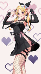  absurdres belt black_dress black_nails blonde_hair bow breasts character_hair_ornament commentary cross cross-laced_clothes cross-laced_dress cross-laced_sleeves cross-laced_slit double_v dress feet_out_of_frame female fingernails fishnet_thighhighs fishnets hair_ornament hairbow hear_(kpmf4732) heart heart_background high-waist_dress highres idolmaster idolmaster_cinderella_girls kiryu_tsukasa_(idolmaster) kuromi latin_cross long_sleeves medium_breasts nail_polish onegai_my_melody open_mouth parted_hair pink_bow pink_ribbon pixel_heart pleated_dress ribbon sanrio short_dress shrug_(clothing) side_slit smile spaghetti_strap thighhighs tongue tongue_out v white_background white_bow x_hair_ornament 