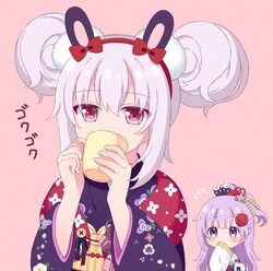  2girls animal_ears azur_lane blush bow brown_background commentary_request covered_mouth cup double_bun floral_print flower hair_bun hair_flower hair_ornament hairband hairbow holding holding_cup japanese_clothes kimono laffey_(azur_lane) laffey_(snow_rabbit_and_candy_apple)_(azur_lane) long_hair long_sleeves mug multiple_girls official_alternate_costume pink_background pink_hair ponytail print_kimono purple_eyes purple_hair purple_kimono rabbit_ears red_bow red_eyes red_flower red_hairband red_rose riria_(happy_strawberry) rose simple_background sleeves_past_fingers sleeves_past_wrists translated unicorn_(azur_lane) upper_body white_kimono wide_sleeves 