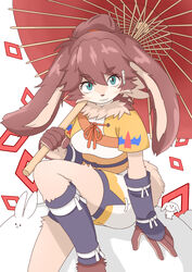  :3 animal_ears animal_nose aqua_eyes arm_warmers bike_shorts body_fur breasts brown_fur brown_hair closed_mouth commentary_request female furry furry_female hair_between_eyes hair_ornament hair_tie hairclip hand_up happy holding holding_umbrella japanese_clothes kimono knee_up leg_warmers looking_at_viewer lop_(star_wars) medium_breasts multicolored_fur obi oil-paper_umbrella rabbit_ears rabbit_girl rabbit_tail sash sherasu short_hair short_shorts short_sleeves shorts side_slit sidelocks single_leg_warmer sitting smile solo star_wars star_wars:_visions tail umbrella white_fur white_shorts yellow_kimono 