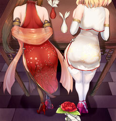  2girls absurdres ass black_legwear blonde_hair brown_hair china_dress chinese_clothes commentary_request detached_sleeves dress flower from_behind high_heels highres multiple_girls ponytail red_dress red_flower red_footwear red_rose rose short_dress short_hair sleeveless sleeveless_dress thighhighs warship_girls_r white_dress white_thighhighs xiao_shei.. z16_friedrich_eckoldt_(warship_girls_r) z1_leberecht_maass_(warship_girls_r) 