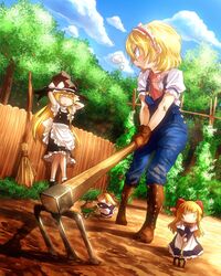  2girls adapted_costume alice_margatroid black_shirt black_skirt blonde_hair blue_overalls boots broom bush clear_sky doll farming fence forest gloves hairband hat kirisame_marisa long_hair multiple_girls nature overalls scarf shanghai_doll shimizu_pem shirt short_hair skirt sky touhou tree witch_hat wooden_fence 