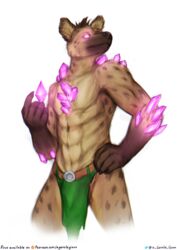  absurd_res anthro bottomwear clothed clothing crystal english_text fur gem gnoll growth_crystal hi_res hyena loincloth loincloth_only magic male mammal markings simple_background solo spots spotted_body spotted_fur spotted_hyena terajor text the_gentle_giant topless url white_background 