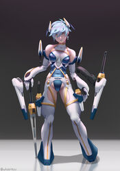  artist_name bangs bare_shoulders blue_eyes blue_hair blue_lipstick breasts covered_navel dagger detached_sleeves earrings female full_body gloves highres jewelry leotard lipstick long_hair looking_at_viewer makeup medium_breasts multicolored multicolored_eyes original parted_lips reflection shadow short_hair sleeveless solo standing sword weapon white_gloves whoareuu yellow_eyes 