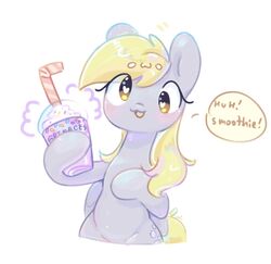  2023 bendy_straw beverage blonde_hair blush container cup cutie_mark derp_eyes derpy_hooves digital_media_(artwork) drinking_straw equid equine female folded_wings friendship_is_magic grey_body grimace_shake hair happy hasbro heart_eyes heart_symbol hi_res holding_object looking_at_viewer mammal mcdonald&#039;s meme milkshake my_little_pony mythological_creature mythological_equine mythology open_mouth open_smile owo pegasus semi-anthro smile solo tail ukipony wings yellow_tail 