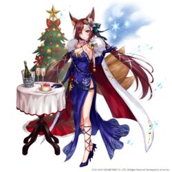  animal_ears black_footwear blue_dress blue_eyes blue_gloves bottle bracelet breasts brown_hair caleen_keemosn christmas_tree cleavage cup dress elbow_gloves female flower food full_body gloves green_ribbons grey_flower hair_flower hair_ornament hair_ribbon hand_up high_heels jewelry large_breasts legs long_hair looking_at_viewer plate ribbon sakiyamama side_slit smile solo standing star_ocean star_ocean_anamnesis very_long_hair 