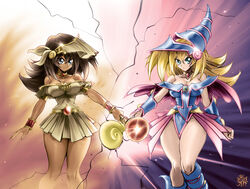  2girls aqua_eyes bare_shoulders black_eyes blonde_hair blue_dress blue_eyes blue_footwear blue_headwear blush_stickers breasts brown_hair capelet cleavage closed_mouth collar collarbone commentary dark-skinned_female dark_magician_girl dark_skin dress dual_persona duel_monster egyptian egyptian_clothes facial_mark hat highres holding long_hair looking_at_viewer magic mana_(yu-gi-oh!) medium_breasts multicolored_background multiple_girls pelvic_curtain pentagram short_dress smile staff the_golden_smurf thighs wand wizard_hat yu-gi-oh! yu-gi-oh!_duel_monsters 