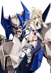  ahoge blonde_hair breasts detached_sleeves female flower hair_flower hair_ornament hand_in_own_hair jinki jinrouki_winvurga large_breasts long_hair looking_at_viewer mashiro_(jinrouki_winvurga) mecha red_eyes robot source_request tsunashima_shirou white_hair 