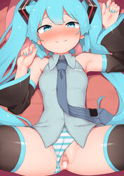  abmayo after_sex after_vaginal aqua_nails armpits bare_shoulders black_sleeves black_thighhighs blue_eyes blue_nails blush breasts censored closed_mouth clothing_aside collared_shirt commentary_request cum cum_in_pussy detached_sleeves female hands_up hatsune_miku highres long_hair long_sleeves looking_at_viewer lying mosaic_censoring nail_polish necktie nose_blush on_back panties panties_aside shirt sleeveless sleeveless_shirt small_breasts smile solo spread_legs striped_clothes striped_panties thighhighs twintails underwear very_long_hair vocaloid 