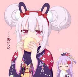  2girls ^_^ animal_ears azur_lane blush blush_stickers bow brown_background closed_eyes commentary_request covered_mouth cup double_bun floral_print flower hair_bun hair_flower hair_ornament hairband hairbow holding holding_cup japanese_clothes kimono laffey_(azur_lane) laffey_(snow_rabbit_and_candy_apple)_(azur_lane) long_hair long_sleeves mug multiple_girls official_alternate_costume pink_background pink_hair ponytail print_kimono purple_hair purple_kimono rabbit_ears red_bow red_eyes red_flower red_hairband red_rose riria_(happy_strawberry) rose simple_background sleeves_past_fingers sleeves_past_wrists translated unicorn_(azur_lane) upper_body white_kimono wide_sleeves 