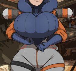  :3 alternate_breast_size apex_legends blue_bodysuit blue_gloves bodysuit breasts curvy english_commentary female gloves grey_bodysuit head_out_of_frame head_tilt highres hood hooded_jacket huge_breasts jacket kings_canyon orange_jacket ribbed_bodysuit skindentation smile solo takano_(miyo_takano) thick_thighs thigh_strap thighs wattson_(apex_legends) wide_hips zipping 