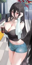  absurdres black_hair black_wings blue_archive blush breast_press breasts cleavage cowboy_shot cup denim denim_shorts drinking_straw female halo hand_on_own_face hasumi_(blue_archive) highres holding holding_cup huge_breasts iced_coffee jeans lillly long_hair mechanical_halo midriff navel open_mouth outdoors pants red_eyes ripped_jeans road road_sign shorts sign smile solo stomach street thighs torn_clothes torn_shorts very_long_hair wings wireless_earphones 