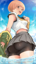  absurdres armpit_crease ass bike_shorts blue_sky blush breasts brown_eyes brown_hair female green_jacket highres houndstooth huge_ass jacket kurosususu looking_at_viewer midriff_peek open_mouth persona persona_4 satonaka_chie school_uniform short_hair skindentation skirt sky smile solo sweat thick_thighs thighs tomboy track_jacket under_skirt water yasogami_school_uniform 