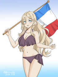  bikini black_bikini blonde_hair blue_background blue_eyes breasts female flagpole french_flag geru gradient_background hair_between_eyes kantai_collection large_breasts navel richelieu_(kancolle) richelieu_(swimsuit_mode)_(kancolle) side-tie_bikini_bottom solo swimsuit white_background 