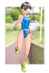  absurdres black_hair blue_one-piece_swimsuit blurry blurry_background breasts brown_eyes clothes_writing commentary_request competition_swimsuit covered_navel female full_body green_footwear highleg highleg_one-piece_swimsuit highres one-piece_swimsuit original race_bib railing road running short_hair small_breasts solo sunglasses swimsuit takafumi tomboy triathlon two-tone_swimsuit variant_set 