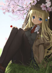  absurdres arm_at_side black_pantyhose black_vest blonde_hair blue_eyes blurry blush brown_hat brown_jacket candy cherry_blossoms chief_(sakura_no_kumo) closed_mouth collared_shirt commentary day deerstalker depth_of_field detective dutch_angle eyelashes feet_out_of_frame female food foreshortening grass hair_between_eyes hair_bobbles hair_ornament hand_on_own_knee hand_up happy hat highres holding holding_candy holding_food holding_lollipop jacket legs legs_together lollipop long_hair long_sleeves looking_at_viewer multicolored_hair n_tarou necktie on_grass open_clothes open_jacket outdoors pantyhose red_necktie sakura_no_kumo_scarlet_no_koi shirt sidelighting smile solo split_mouth spring_(season) streaked_hair thighs tsurime very_long_hair vest white_shirt 