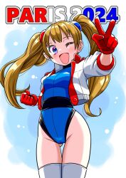  2024_summer_olympics ass_visible_through_thighs belt black_belt blonde_hair blue_eyes blue_leotard country_connection cropped_jacket female gloves hiro68 jacket leotard long_hair numan_athletics olympics one_eye_closed red_gloves sharon_les_halles smile solo thigh_gap twintails v white_jacket white_leotard 