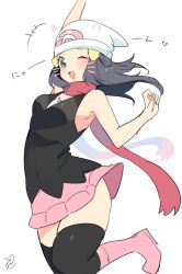  +++ :d arm_up beanie black_hair black_shirt black_thighhighs blush boots commentary_request dawn_(pokemon) female floating_hair grey_eyes hair_ornament hairclip hand_up hat heart highres long_hair oerba_yun_fang one_eye_closed open_mouth pink_footwear pink_scarf pink_skirt pokemon pokemon_dppt ririmon scarf shirt skirt sleeveless sleeveless_shirt smile solo thighhighs white_background white_hat 