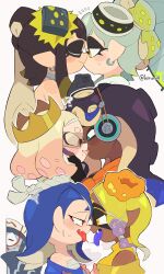  1boy 6+girls absurdres after_kiss big_man_(splatoon) callie_(splatoon) crown dark-skinned_female dark_skin earrings fangs food food_on_head french_kiss frye_(splatoon) hands_on_another&#039;s_face headphones highres jewelry kiirono kissing marie_(splatoon) marina_(splatoon) multiple_girls object_on_head pearl_(splatoon) pointy_ears saliva saliva_trail shiver_(splatoon) splatoon_(series) splatoon_1 splatoon_2 splatoon_3 sweatdrop tentacle_hair yuri 