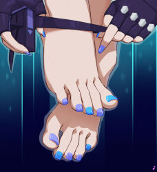  absurdres aqua_background aqua_nails artist_logo barefoot belt belt_pouch black_gloves black_pouch blue_background feet female fingerless_gloves fingernails foot_focus gloves gradient_background highres holding honkai:_star_rail honkai_(series) mohoshadream motion_lines nail_polish outline pouch purple_nails silver_wolf_(honkai:_star_rail) thigh_belt thigh_strap toenail_polish toenails toes two-tone_background two-tone_nails 