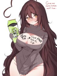  absurdres ahoge bandaid bandaid_on_face bandaid_on_nose blush body_writing breasts brown_eyes brown_hair cleavage cleavage_cutout clothes_tug clothing_cutout cowboy_shot curvy english_text female grey_sweater hair_between_eyes head_tilt heart heart_ahoge heart_in_eye highres holding huge_ahoge indie_virtual_youtuber large_breasts leaning_back long_hair long_sleeves looking_at_viewer meme_attire messy_hair open-chest_sweater panties ribbed_sweater simple_background sky_above_me sky_above_me_(vtuber) sleeves_past_wrists solo sweater sweater_tug symbol_in_eye turtleneck turtleneck_sweater underwear very_long_hair virtual_youtuber white_background wide_hips 