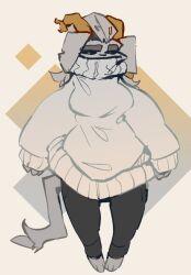  amber-calliope anthro bottomwear clothing eyebrows female horn lagomorph mammal oversized_clothing pants poker_face pseudoregalia simple_background solo sweater sybil_(pseudoregalia) tail thick_eyebrows topwear twintails_(hairstyle) 