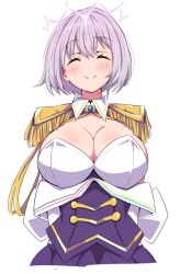  blush bob_cut breasts cleavage closed_eyes epaulettes female freedom_xdrive gridman_universe gridman_universe_(film) halo large_breasts purple_hair shinjou_akane shinjou_akane_(new_order) smile white_background 