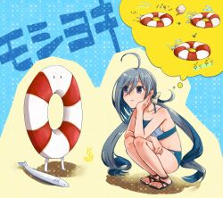  ahoge bikini blue_bikini character_name commentary_request female fish grey_eyes grey_hair hair_between_eyes highres imagining kantai_collection kiyoshimo_(kancolle) kiyoshimo_kai_ni_(kancolle) kiyoshimo_kai_ni_(swimsuit_mode)_(kancolle) lifebuoy long_hair low_twintails oeoeuhoho squatting swim_ring swimsuit twintails 