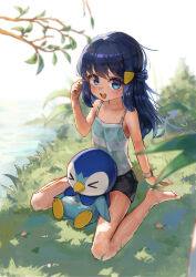  &gt;_&lt; :d absurdres barefoot black_hair black_shorts blue_eyes blurry blush commentary dawn_(pokemon) day female grass hair_ornament hairclip highres long_hair looking_at_viewer open_mouth outdoors piplup pokemon pokemon_(creature) pokemon_dppt rtb_(jbsb8423) shirt shorts sidelocks sitting smile symbol-only_commentary teeth toes upper_teeth_only 