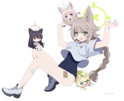  animal_ear_fluff animal_ears arms_up bandaid bandaid_on_leg black_hair blonde_hair blue_archive fox_ears fox_platoon_(blue_archive) full_body green_eyes green_halo grey_hair halo highres kurumi_(blue_archive) long_braid long_hair minowa_sukyaru niko_(blue_archive) one-piece_swimsuit otogi_(blue_archive) oversized_clothes oversized_shirt pink_hair shirt shoes sneakers swimsuit swimsuit_under_clothes white_background yellow_halo yukino_(blue_archive) 